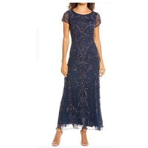 Pisarro Nights Navy Blue Beaded Sequin Mesh Gown Size 8 D1406 Short Sleeve Maxi
